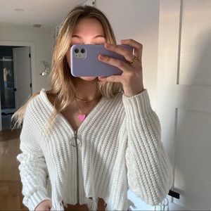 white cropped distressed zip up v neck sweater